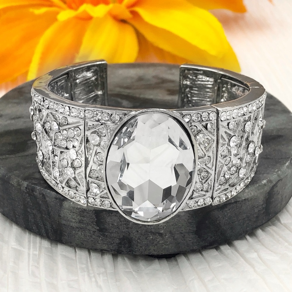 Large Center Rhinestone Fancy Formal Cuff Bracelet